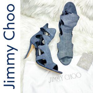 JIMMY CHOO BLUE DENIM LUCKY PEEP TOE HEELS CUT OUT DETAIL,‎ EU 37
